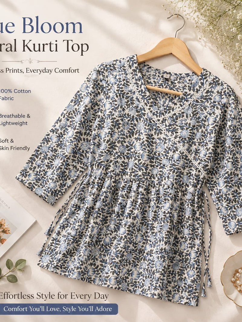 "Angrakha Blue Bloom Floral  Kurti Top"