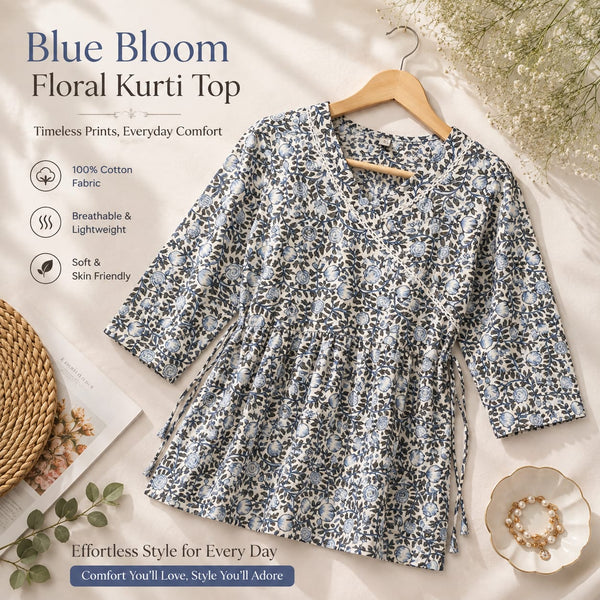 "Angrakha Blue Bloom Floral  Kurti Top"