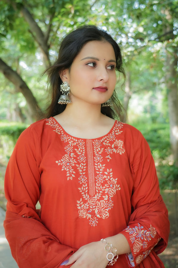Rust Orange Embroidered 3-Piece Suit