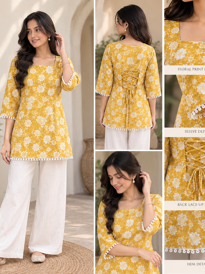 "Mustard Floral Back-Lace-Up  Cotton Top (Kaudi Lace)"