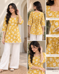"Mustard Floral Back-Lace-Up  Cotton Top (Kaudi Lace)" Thumbnail 1