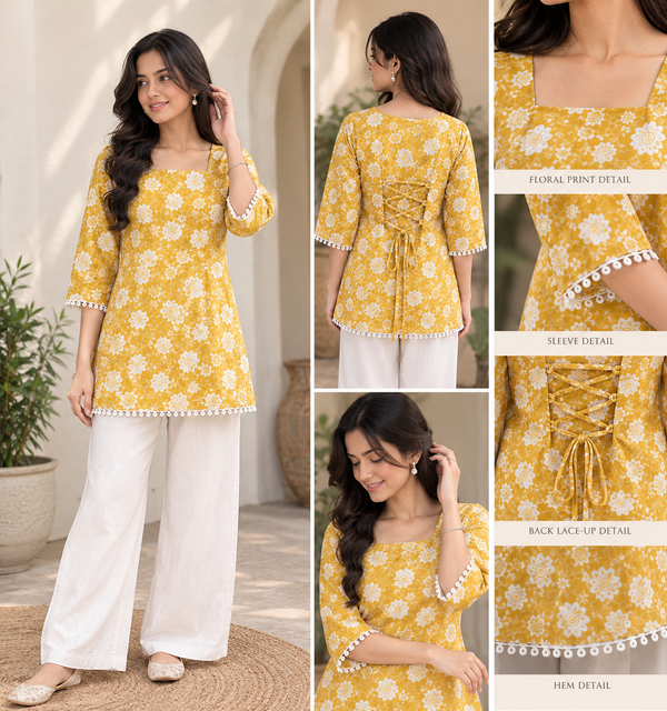 "Mustard Floral Back-Lace-Up  Cotton Top (Kaudi Lace)"