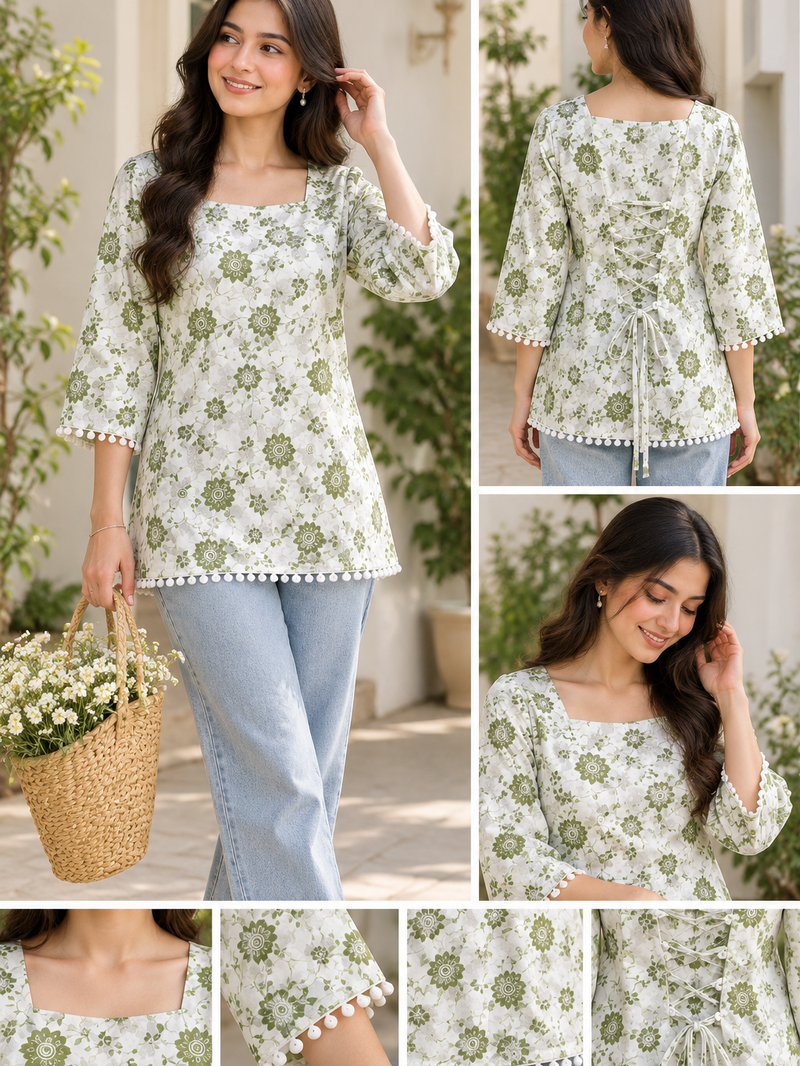 Olive Bloom Floral Lace-Up Top