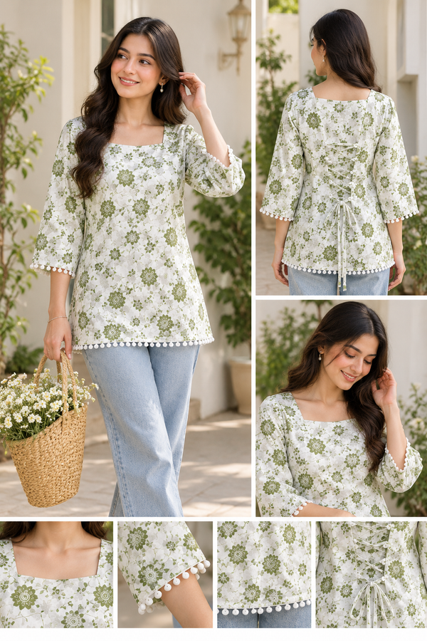 Olive Bloom Floral Lace-Up Top