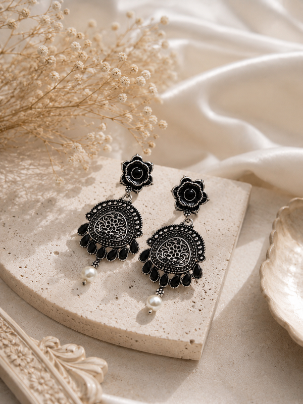 Black Silver Floral Chandbali