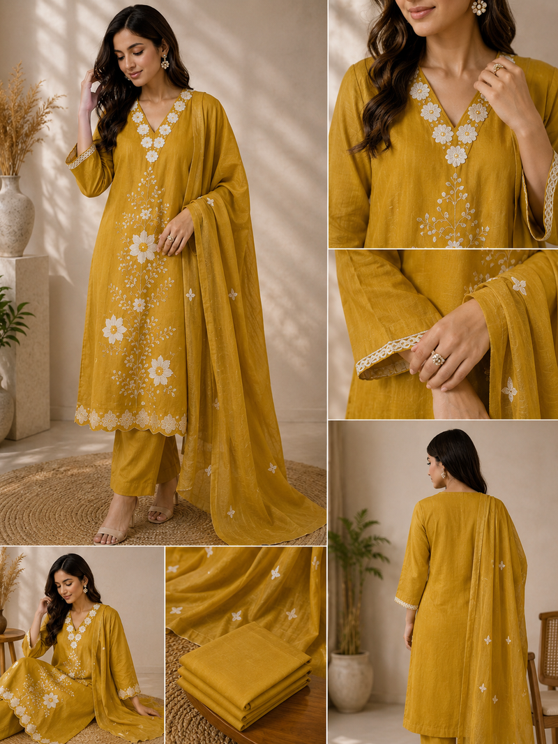 Mustard Yellow Floral Embroidered 3-Piece Suit Set