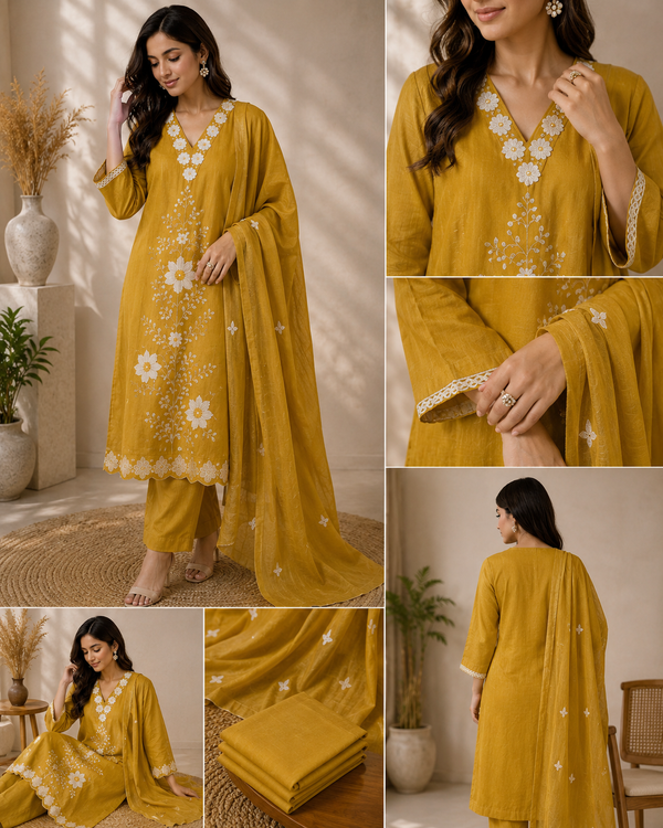 Mustard Yellow Floral Embroidered 3-Piece Suit Set