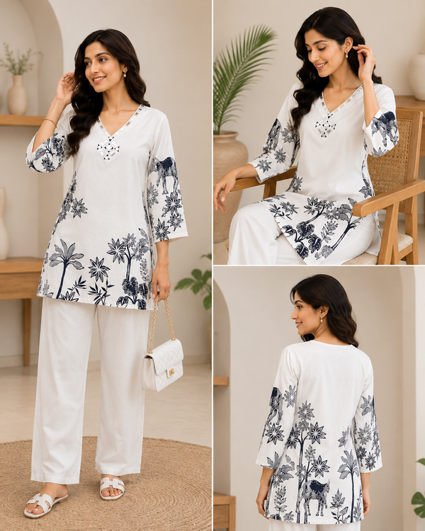 White & Navy Printed Cotton Co-Ord Set