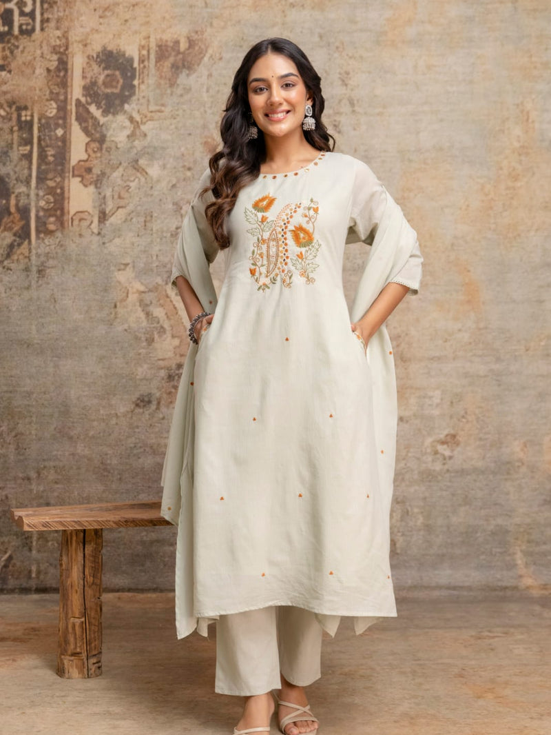 Pista Green & Creamy Ivory White Embroidred Three Piece Kurti Set
