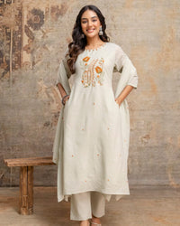 Pista Green & Creamy Ivory White Embroidred Three Piece Kurti Set Thumbnail 1
