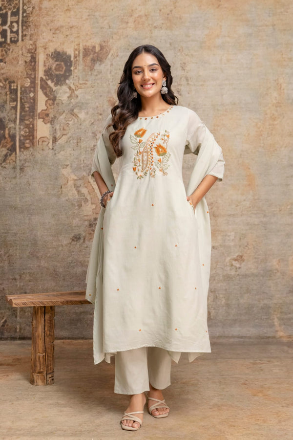 Pista Green & Creamy Ivory White Embroidred Three Piece Kurti Set