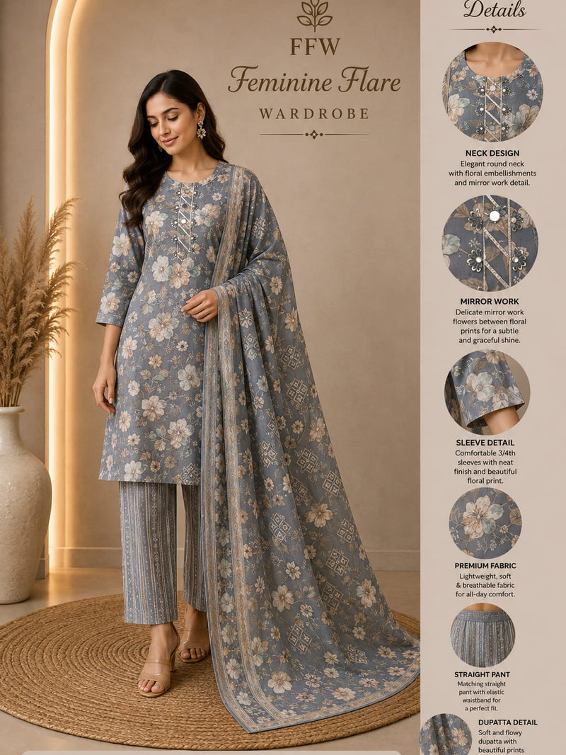 Grey Floral Printed 3-Piece Suit Set