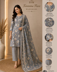 Grey Floral Printed 3-Piece Suit Set Thumbnail 1