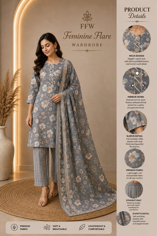 Grey Floral Printed 3-Piece Suit Set