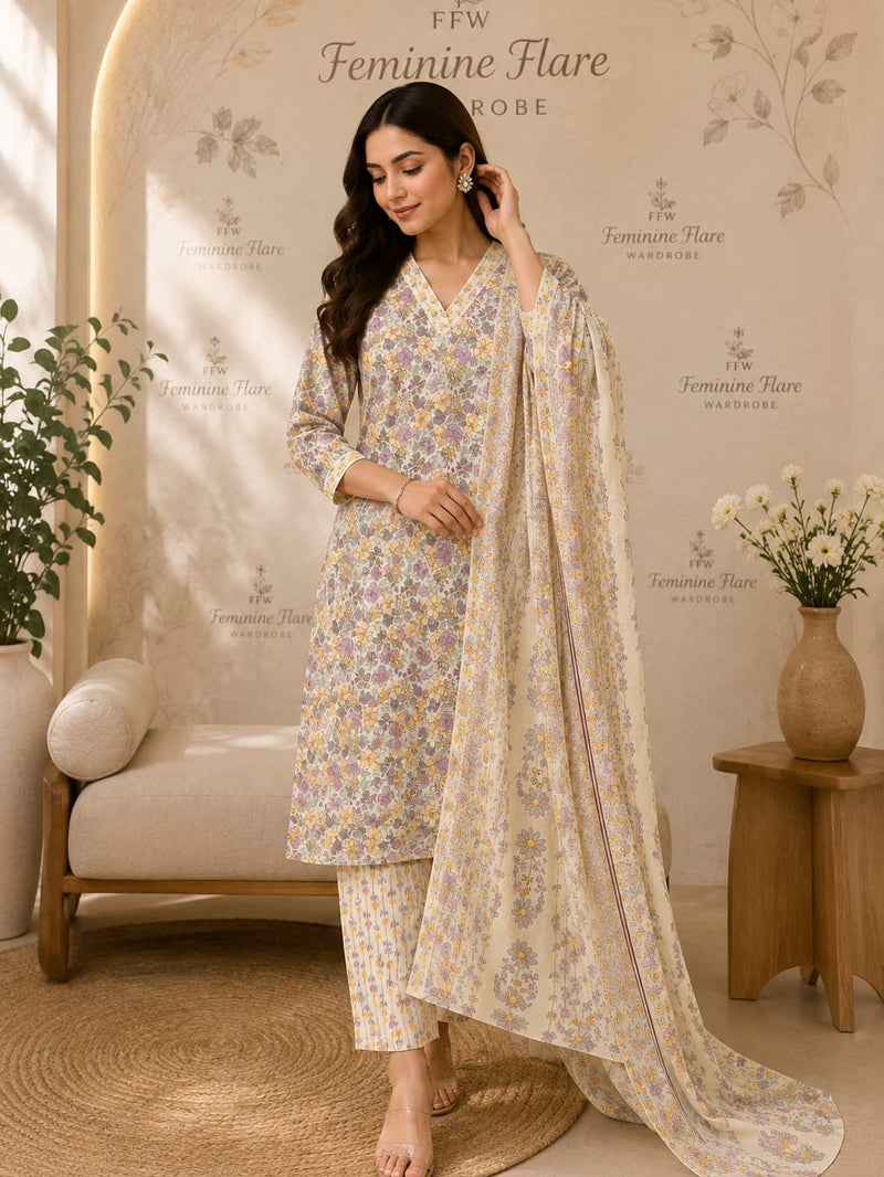 Ivory Lavender Floral Printed 3-Piece Suit Set