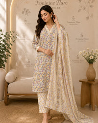 Ivory Lavender Floral Printed 3-Piece Suit Set Thumbnail 1