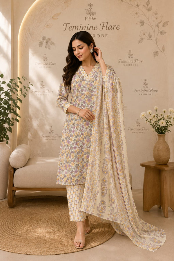 Ivory Lavender Floral Printed 3-Piece Suit Set