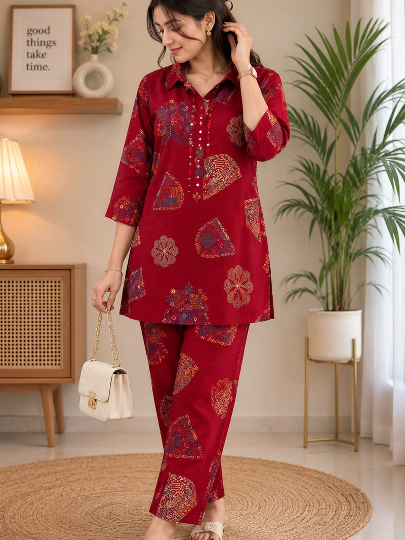 Maroon Printed Kurta Pant Co-ord Set