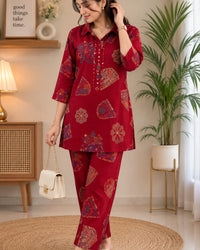Maroon Printed Kurta Pant Co-ord Set Thumbnail 1