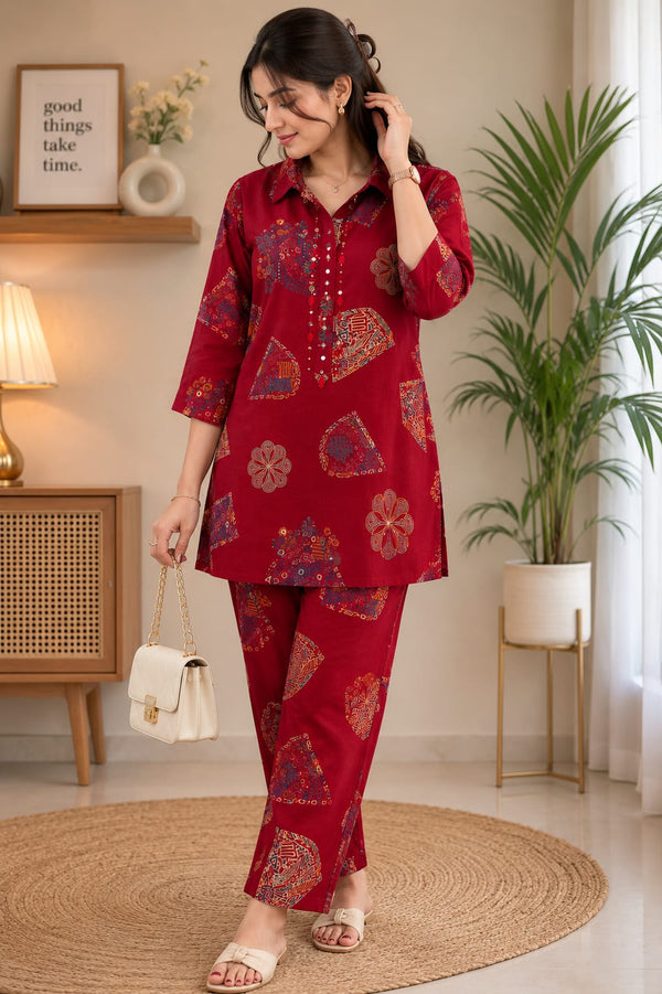 Maroon Printed Kurta Pant Co-ord Set