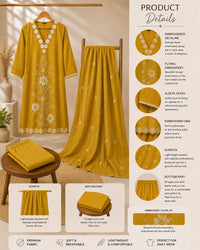 Mustard Yellow Floral Embroidered 3-Piece Suit Set Thumbnail 2