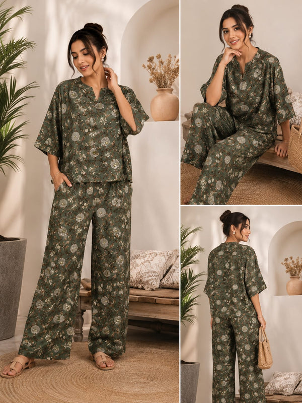 Olive Green Floral Printed