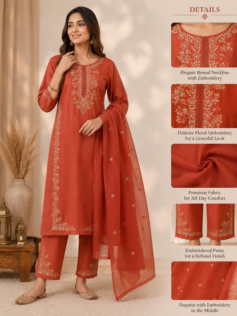 Rust Orange Embroidered 3-Piece Suit