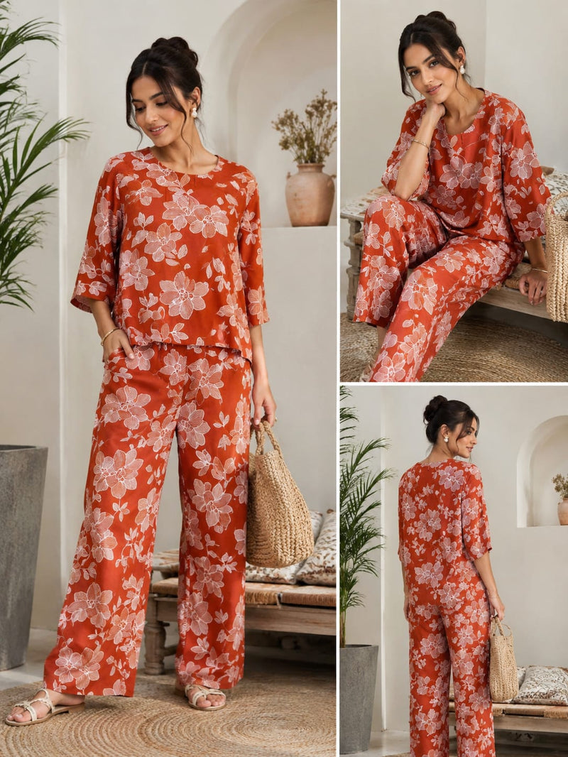 Rust Orange Floral Printed Wide-Leg