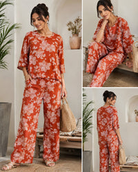 Rust Orange Floral Printed Wide-Leg Thumbnail 1