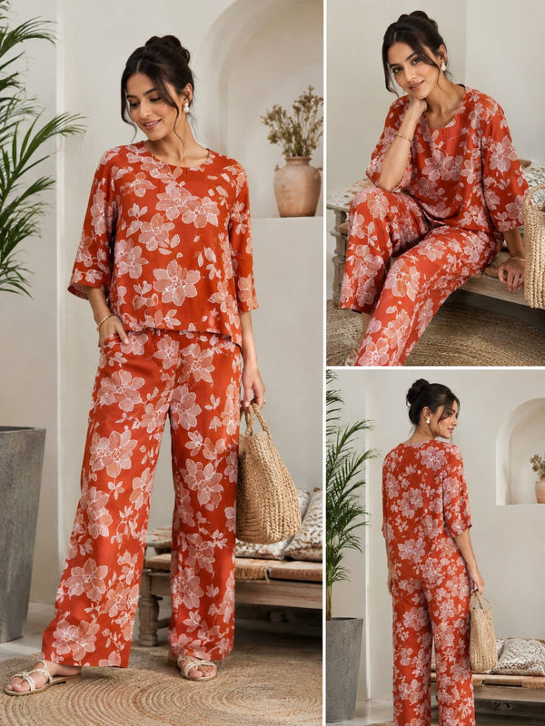 Rust Orange Floral Printed Wide-Leg