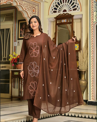 Chocolate Brown Floral Embroidered 3-Piece Set Thumbnail 1