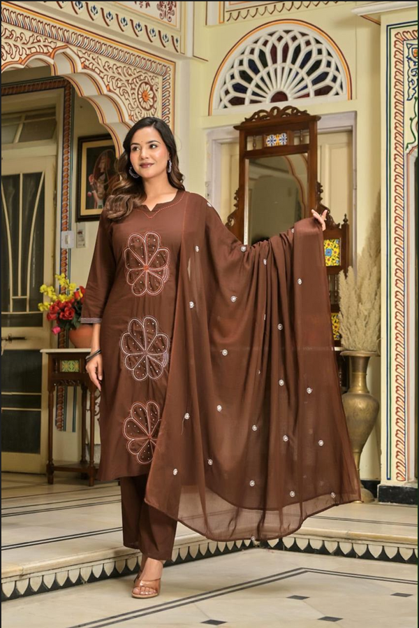 Chocolate Brown Floral Embroidered 3-Piece Set