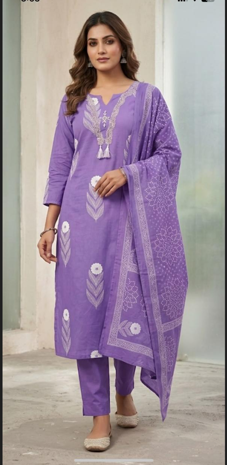 "Purple Floral Set & Powder Blue Floral  Printed 3-Piece  Set"