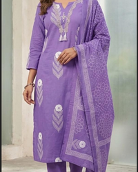 "Purple Floral Set & Powder Blue Floral  Printed 3-Piece  Set" Thumbnail 1