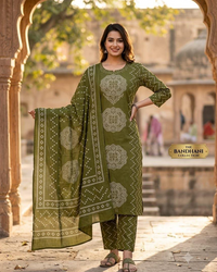 Olive Green & Megnta Pink Bandhani Printed Kurta Set  with Dupatta Thumbnail 1