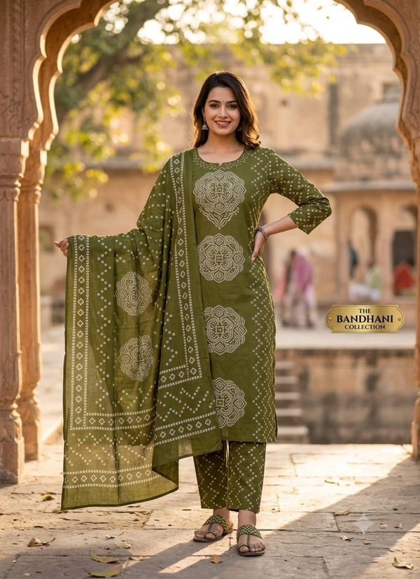 Olive Green & Megnta Pink Bandhani Printed Kurta Set  with Dupatta