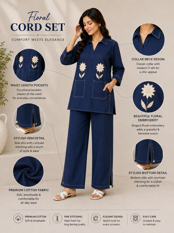 Denim-Blue Floral Cotton Cord Set