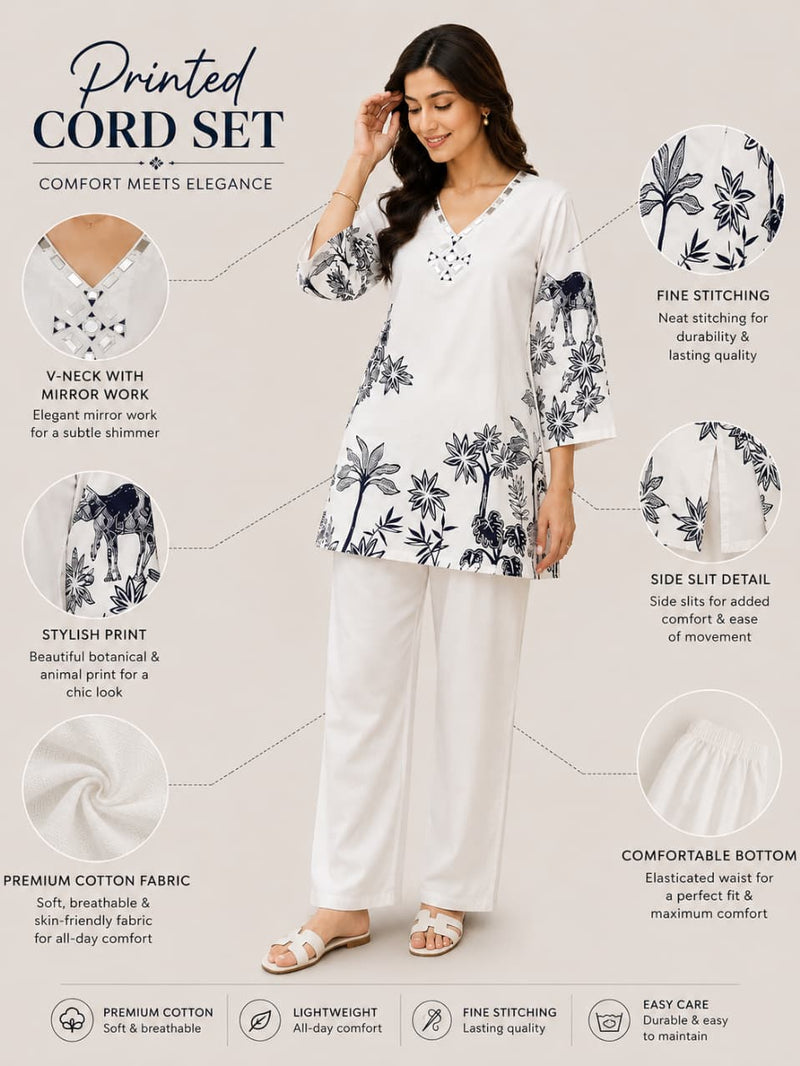 White & Navy Printed Cotton Co-Ord Set