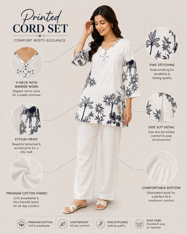 White & Navy Printed Cotton Co-Ord Set