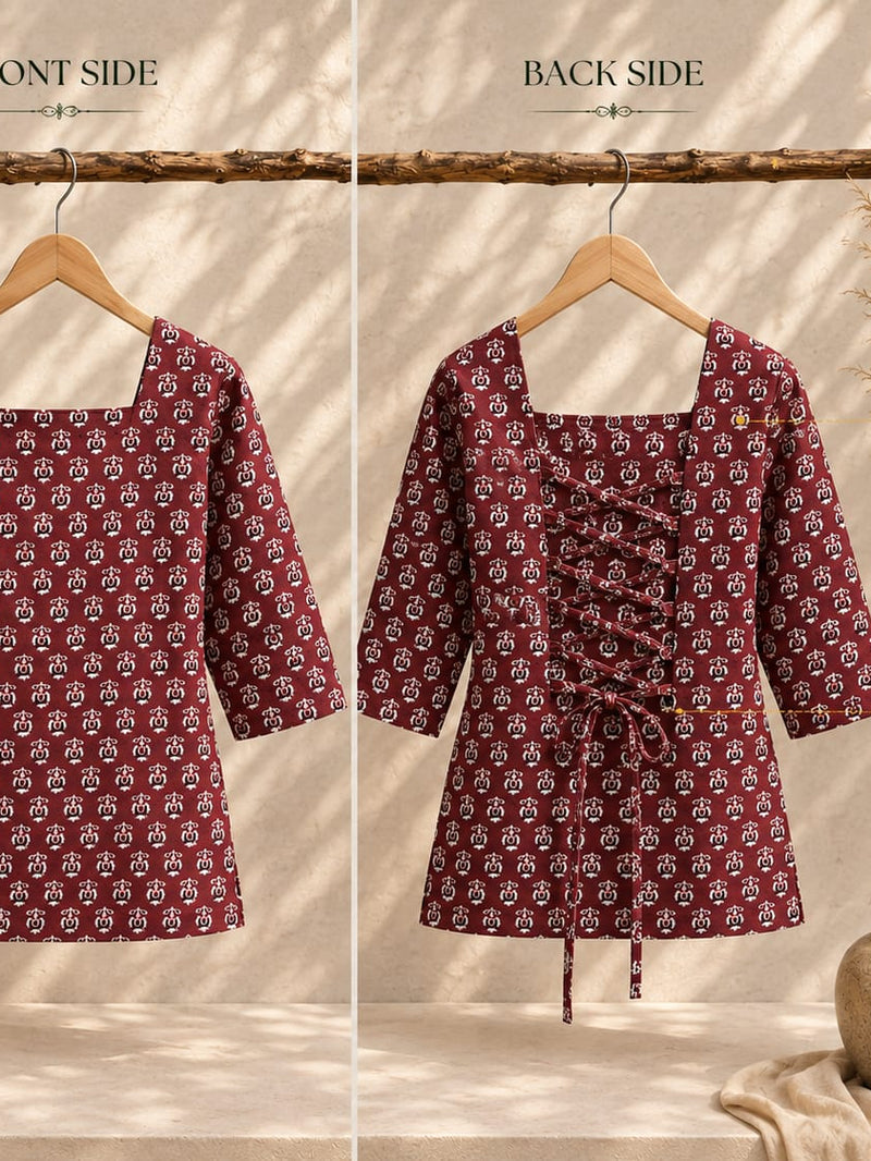 "Printed  Back-Lace-Up Cotton Top"
