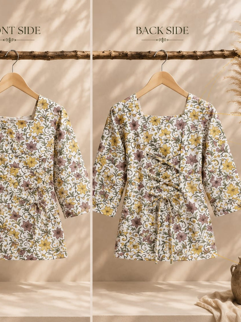 Ivory & Green Floral Back-Tie Top