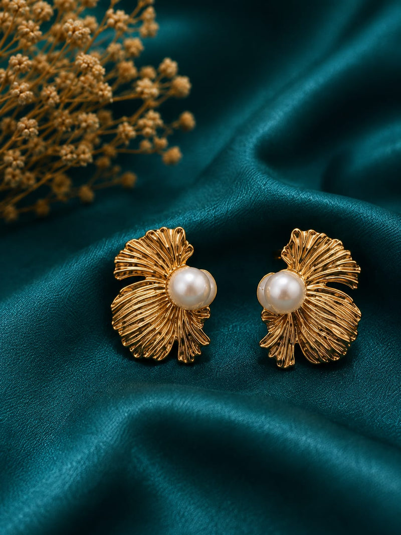 Shell Pearl Studs & "Gold Textured Square  Pearl Dome Studs"