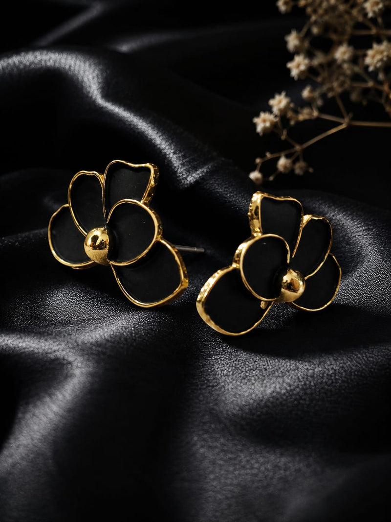"Black Enamel Bow Flower  Studs"