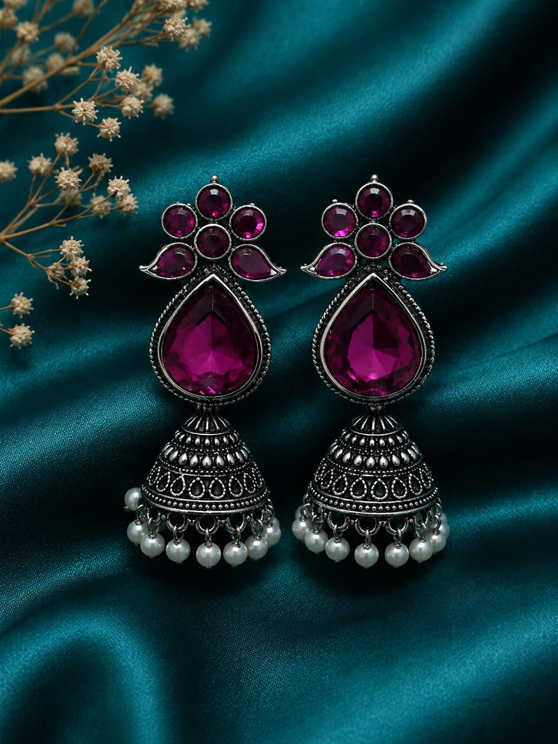"Floral Top Purpal Kundan Stone  Pearl Jhumka"