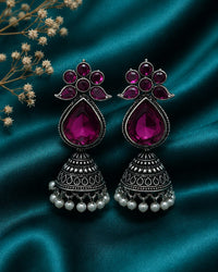"Floral Top Purpal Kundan Stone  Pearl Jhumka" Thumbnail 1