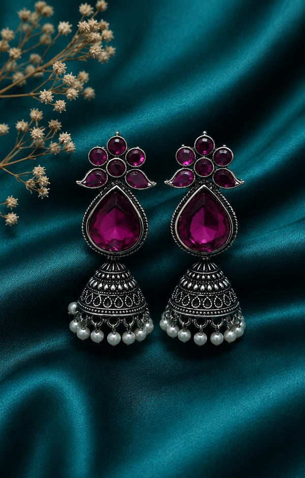 "Floral Top Purpal Kundan Stone  Pearl Jhumka"