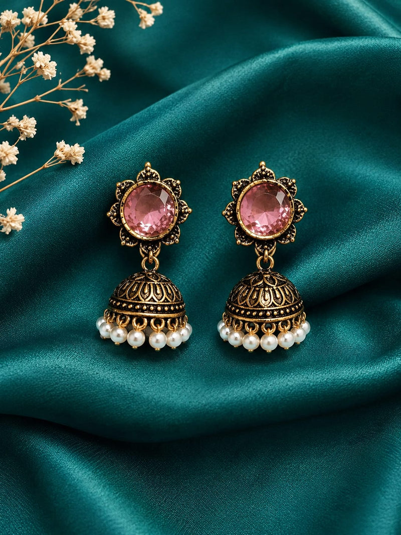 "Teal Kundan Stone Antique Jhumka"