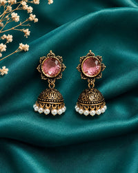 "Teal Kundan Stone Antique Jhumka" Thumbnail 1