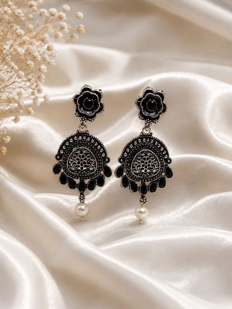 Black Silver Floral Chandbali