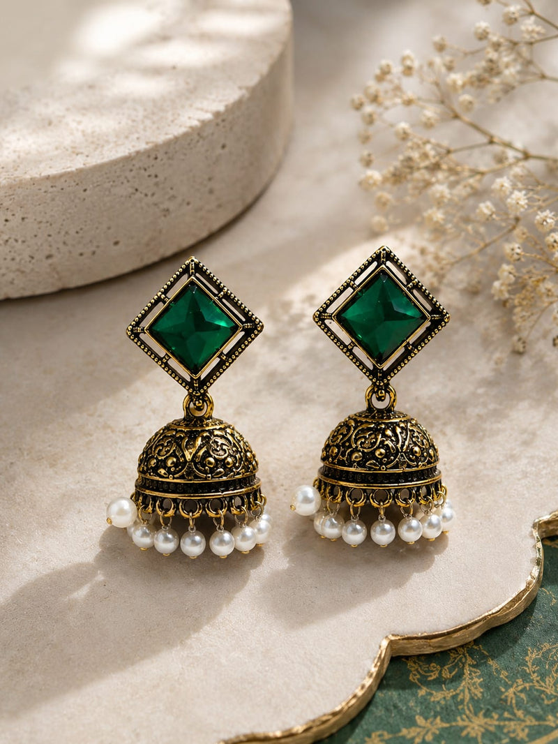 "Antique Square Maroon Pearl  Jhumka"